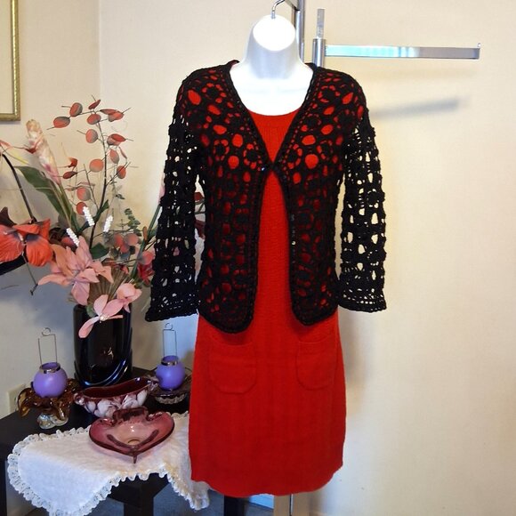 NWOT Simon Chang Black Floral Crochet Knitwear Sweater Blouse Top Size S - Picture 6 of 7